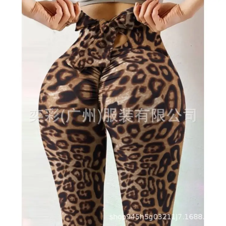 Leopard Print Bow Belt Yoga Pants for Women - Image 3
