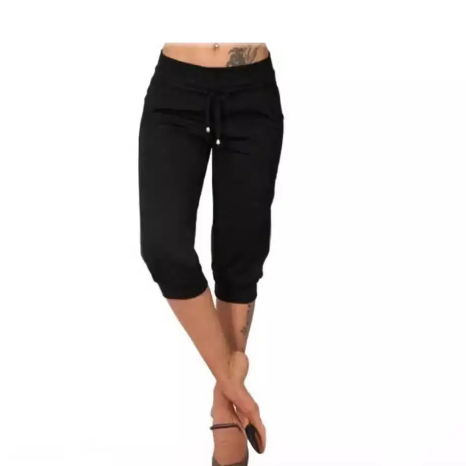 Women Black Cropped Sports Pants Medium Loose Fit