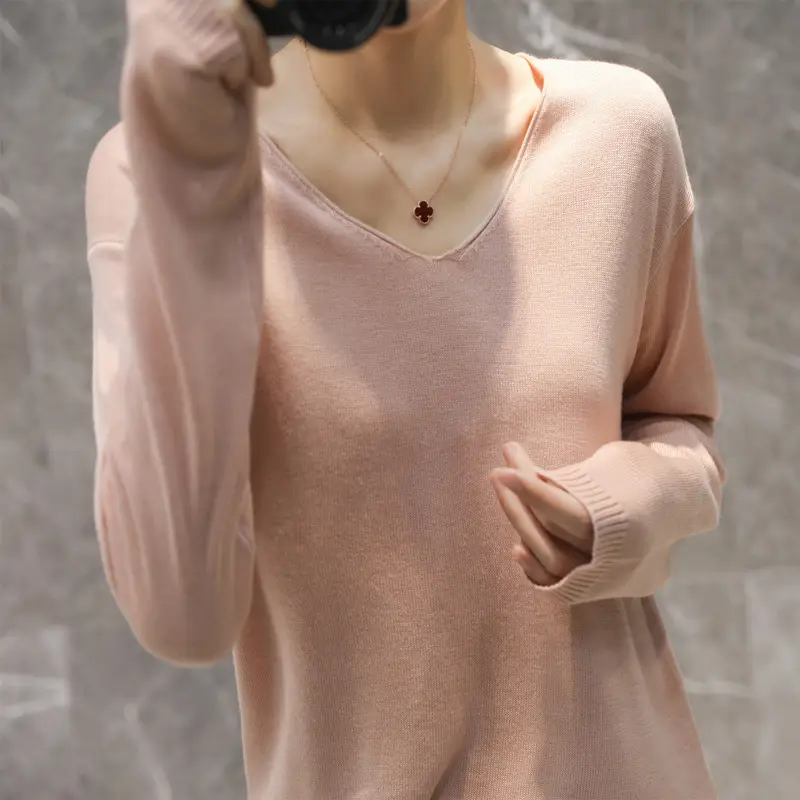 Women Long Sleeve V Neck Sweater Red 2020 - Image 24