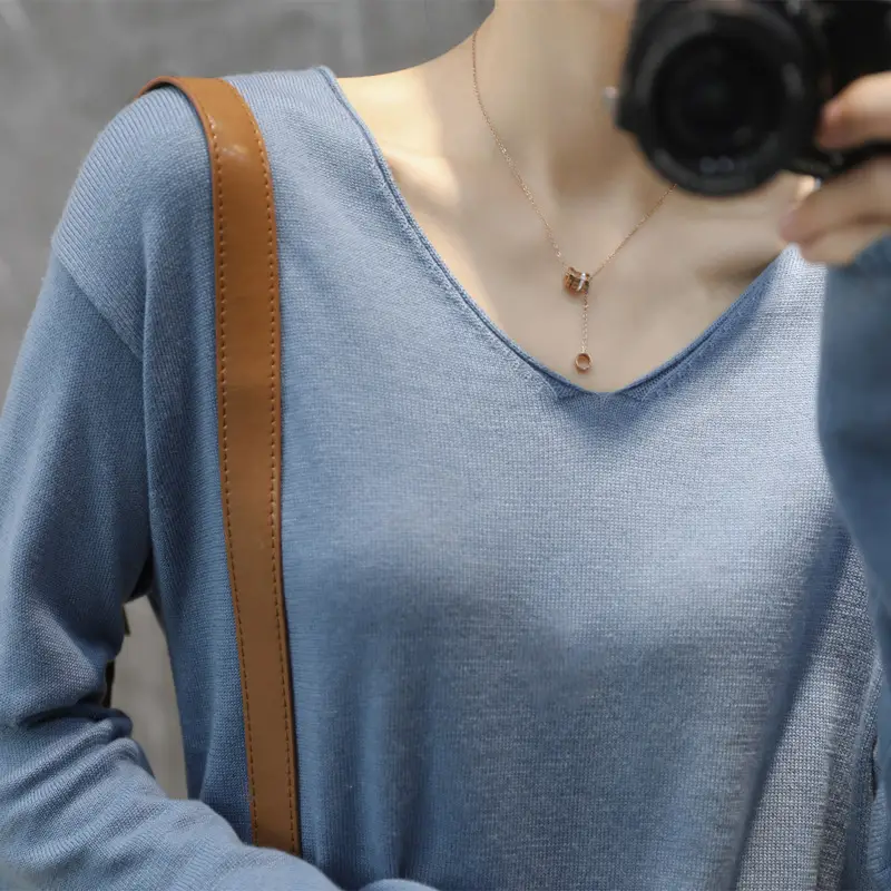 Women Long Sleeve V Neck Sweater Red 2020 - Image 7