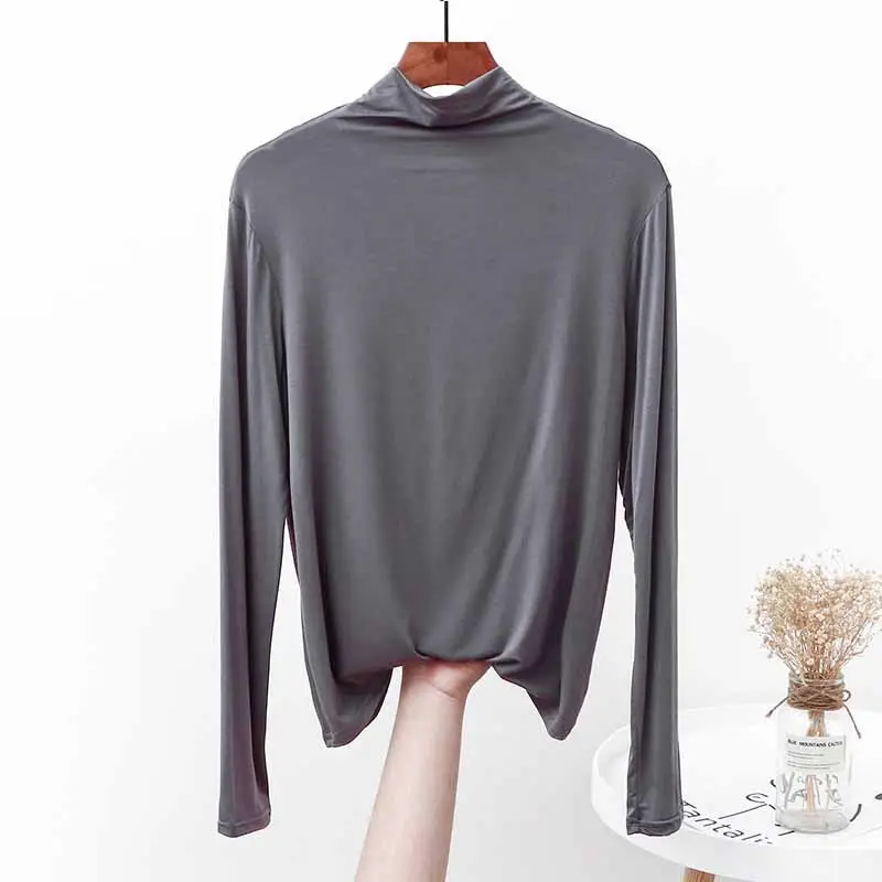 White Modal Half-Collar Long Sleeve T-Shirt Women Spring - Image 2