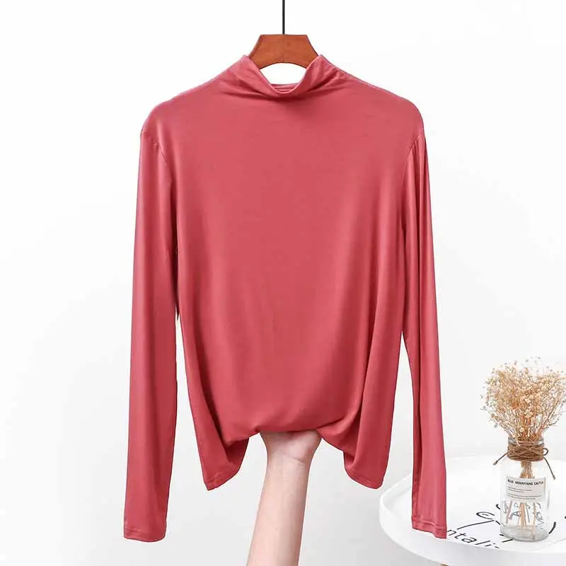 White Modal Half-Collar Long Sleeve T-Shirt Women Spring - Image 3