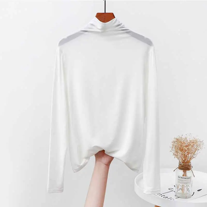White Modal Half-Collar Long Sleeve T-Shirt Women Spring - Image 6