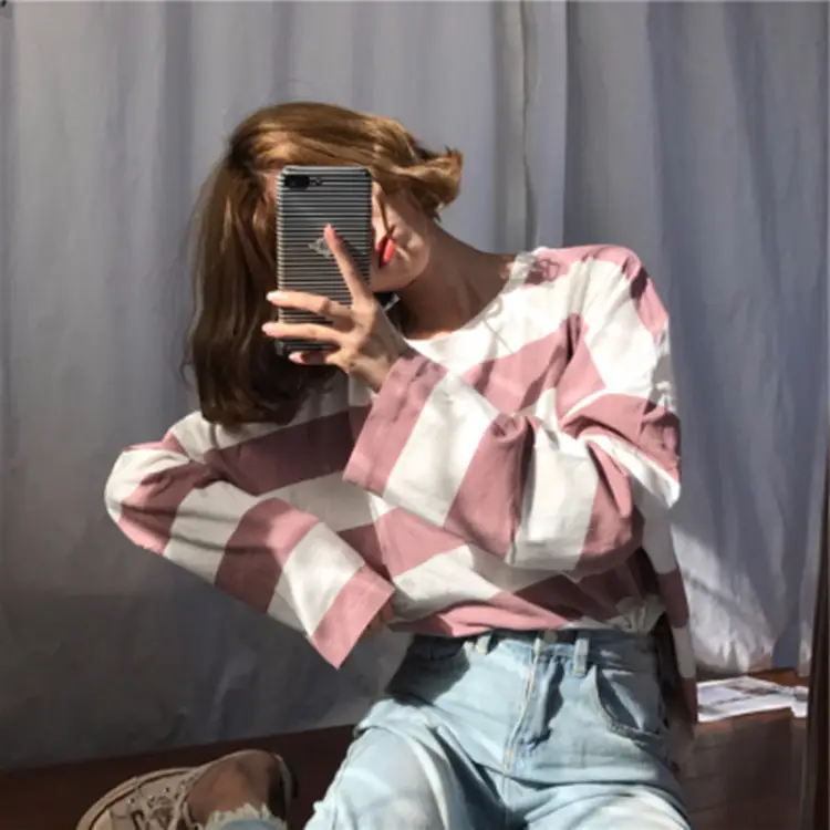 Women Striped Long Sleeve T-Shirt Blue White Loose Fit