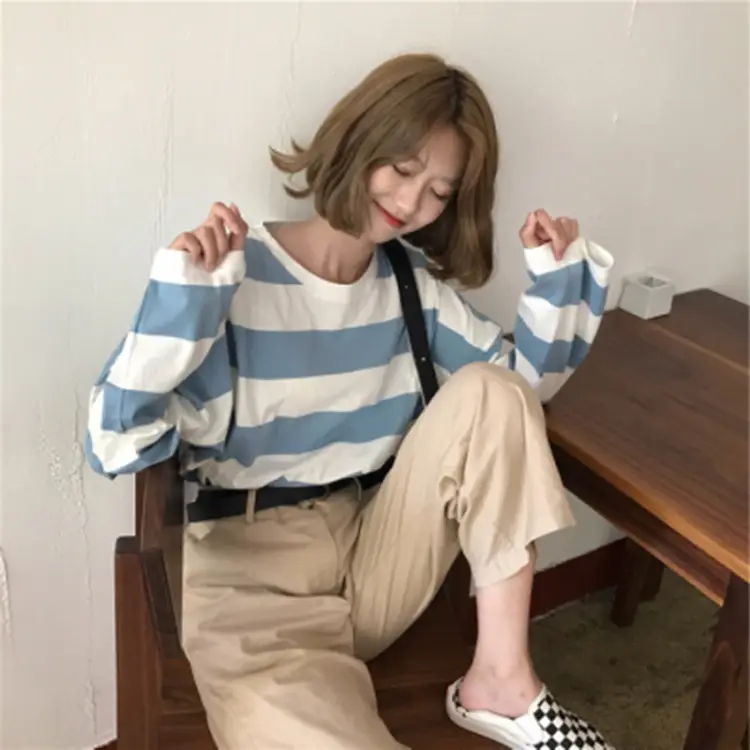 Women Striped Long Sleeve T-Shirt Blue White Loose Fit