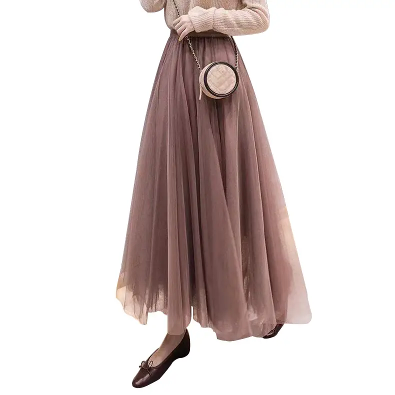 Women's High-End Mesh Skirt Coffee Colored Large Hem - Image 10