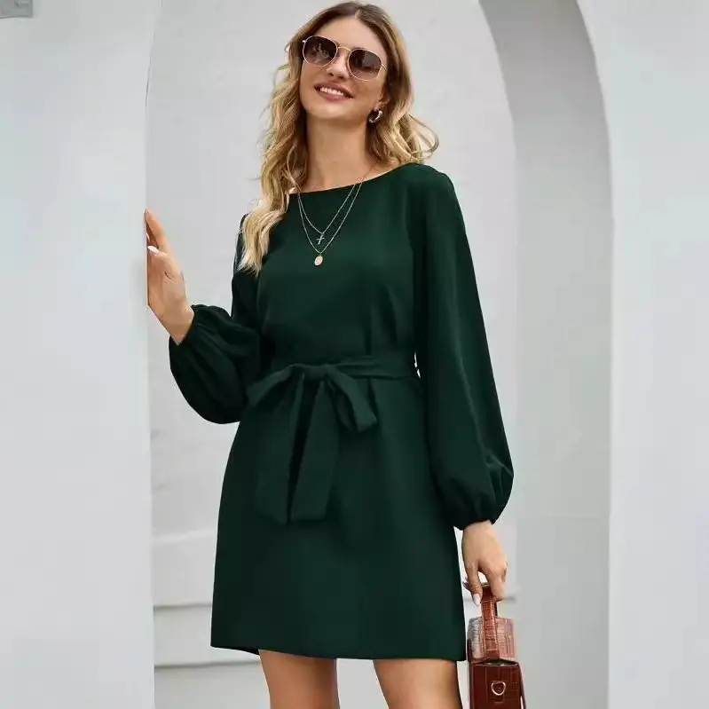 2021 Black Long Sleeve Belted Pullover Dress for Women - Image 10