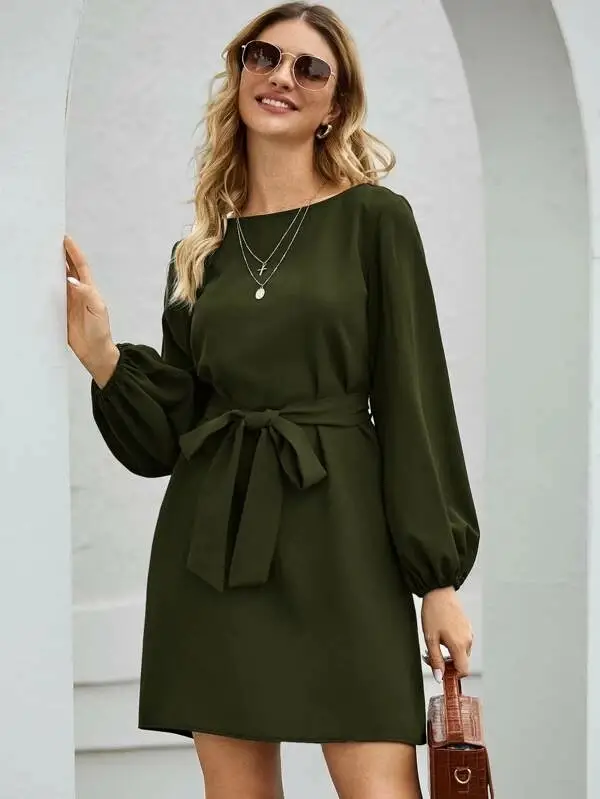 2021 Black Long Sleeve Belted Pullover Dress for Women - Image 4