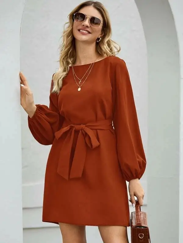 2021 Black Long Sleeve Belted Pullover Dress for Women - Image 6