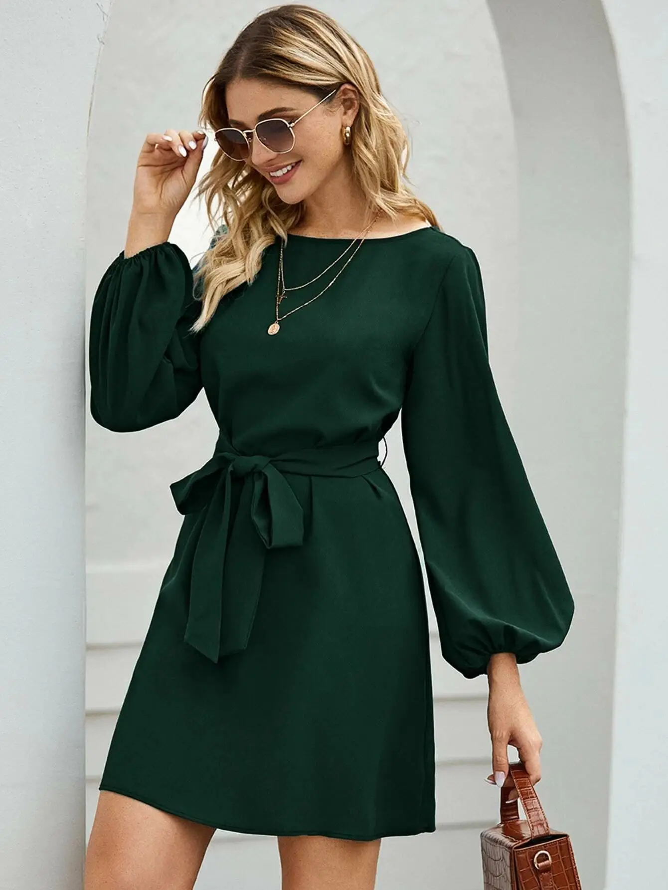 2021 Black Long Sleeve Belted Pullover Dress for Women - Image 3