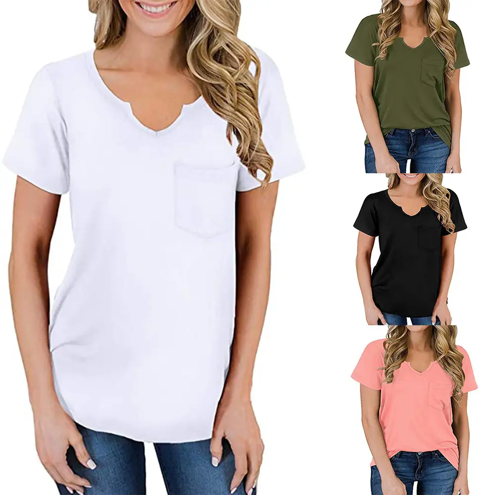 2023 Women V-Neck Pocket T-Shirt Black Loose Spring Summer - Image 6