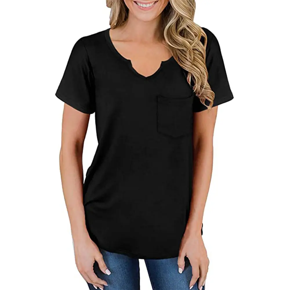 2023 Women V-Neck Pocket T-Shirt Black Loose Spring Summer - Image 9
