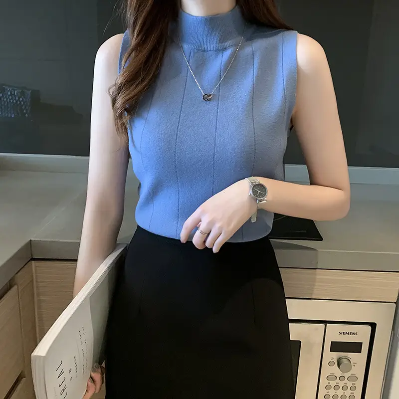 Women's Black Sleeveless Core Spun Vest with Half-High Collar - Image 11