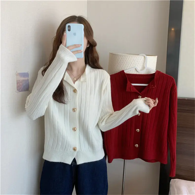 Red Knitted Button Cardigan Women Spring Autumn Wear