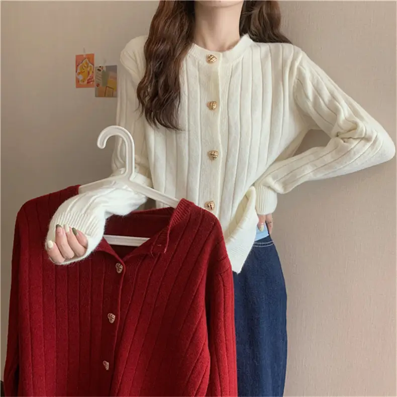 Red Knitted Button Cardigan Women Spring Autumn Wear