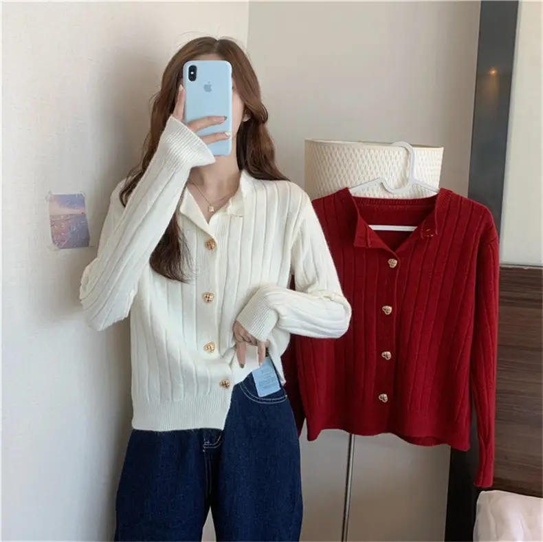 Red Knitted Button Cardigan Women Spring Autumn Wear