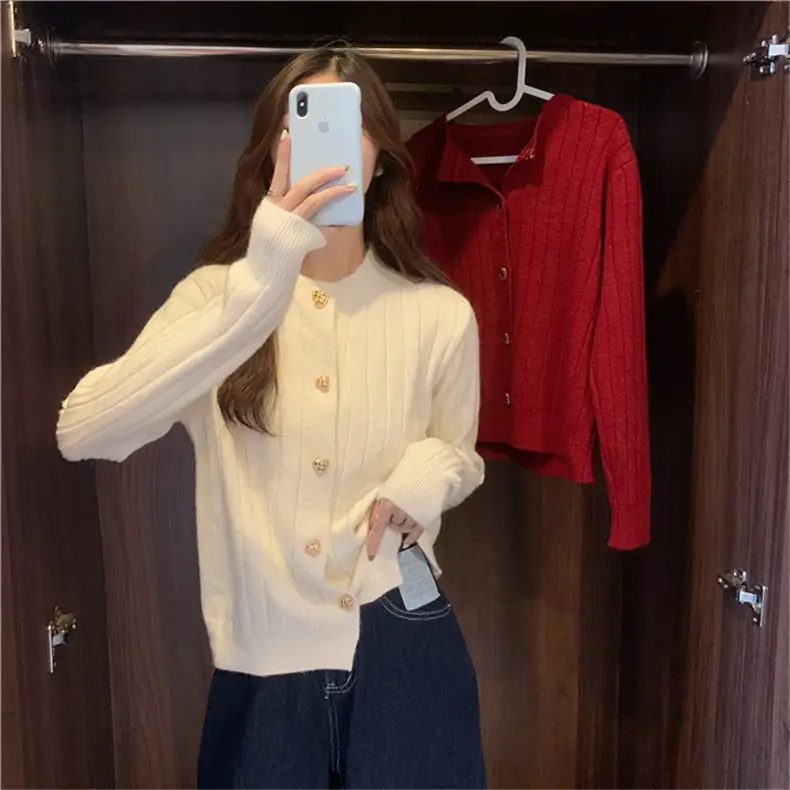 Red Knitted Button Cardigan Women Spring Autumn Wear