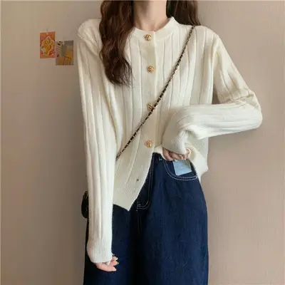 Red Knitted Button Cardigan Women Spring Autumn Wear