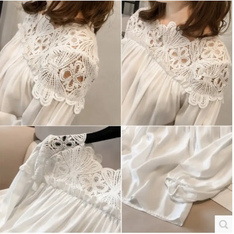 Women Crocheted Chiffon Long Sleeve Top Cream - Image 5