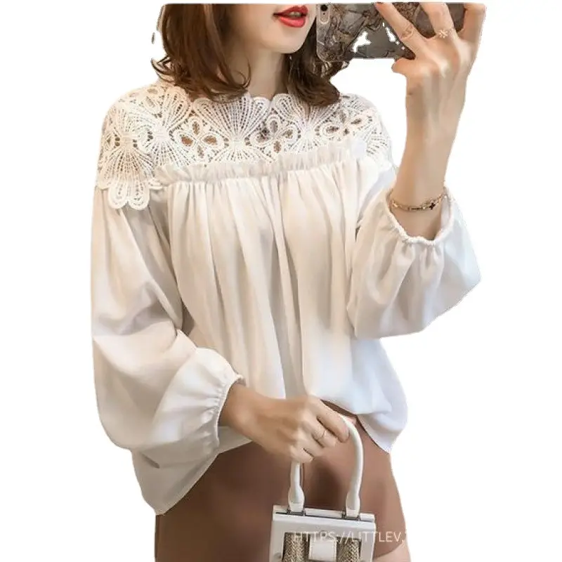Women Crocheted Chiffon Long Sleeve Top Cream - Image 7