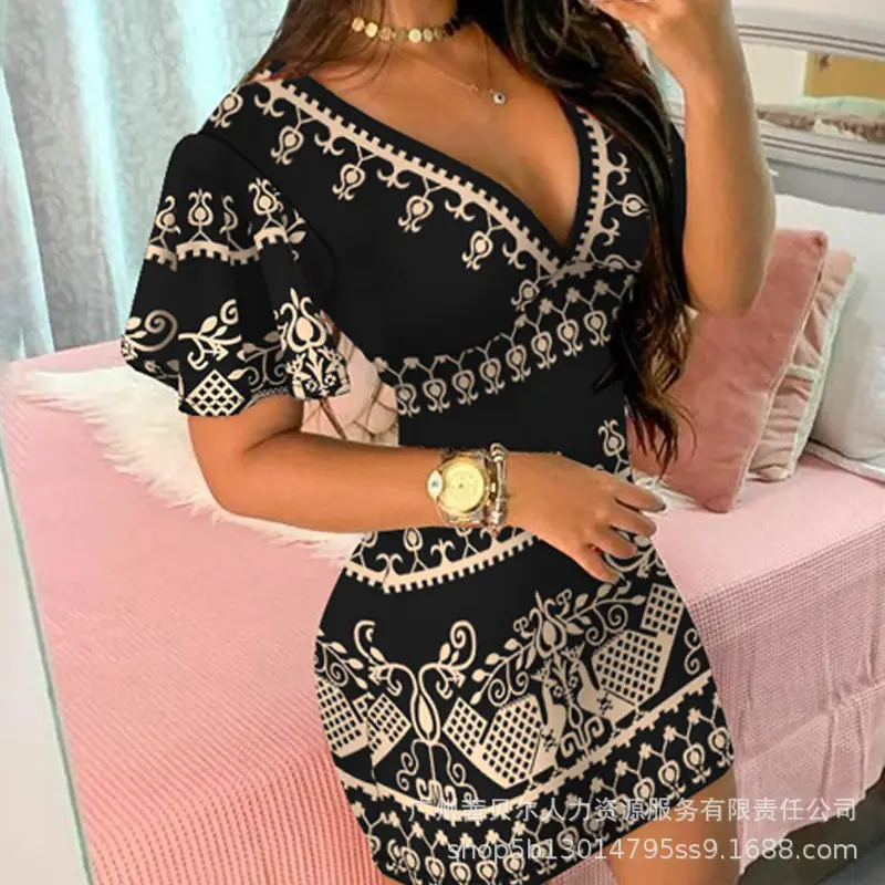 Black Printed Deep V Sheath Dress for Women