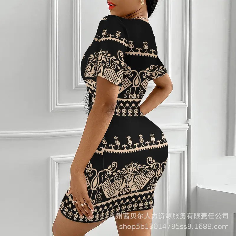 Black Printed Deep V Sheath Dress for Women