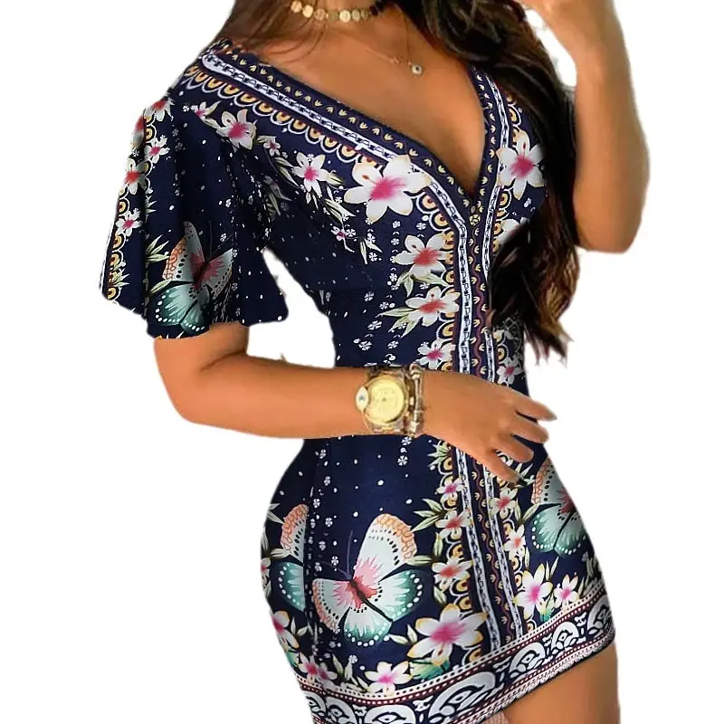 Black Printed Deep V Sheath Dress for Women