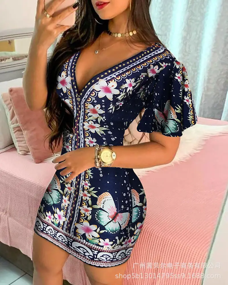 Black Printed Deep V Sheath Dress for Women — feature 13