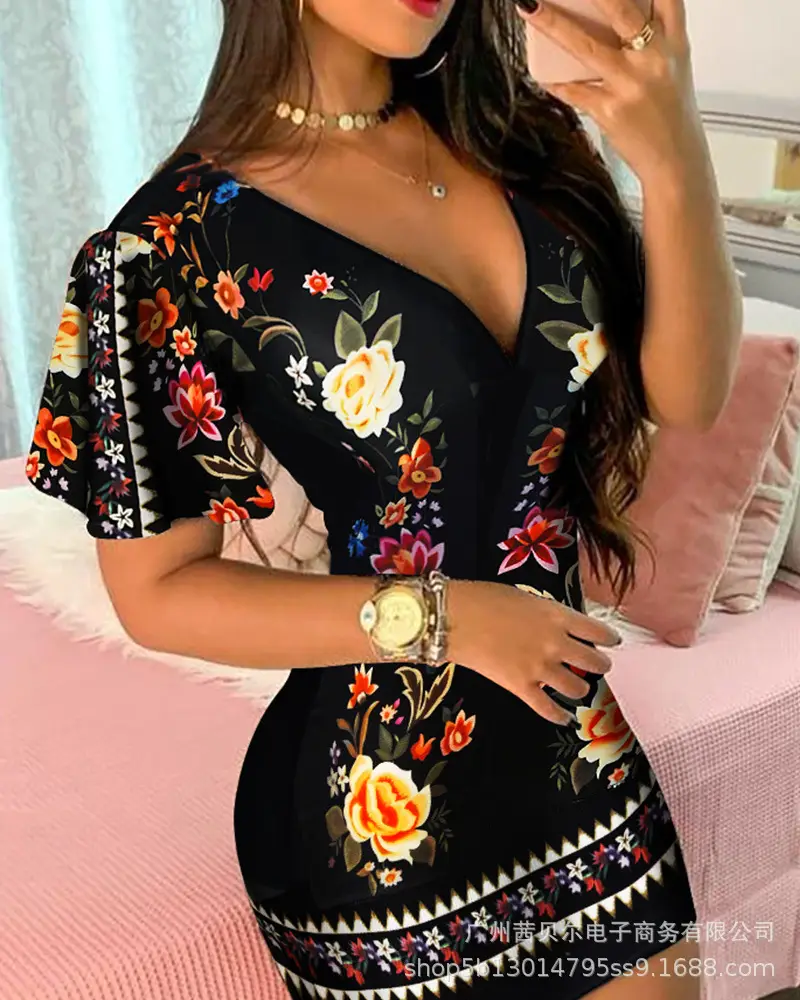 Black Printed Deep V Sheath Dress for Women — feature 14