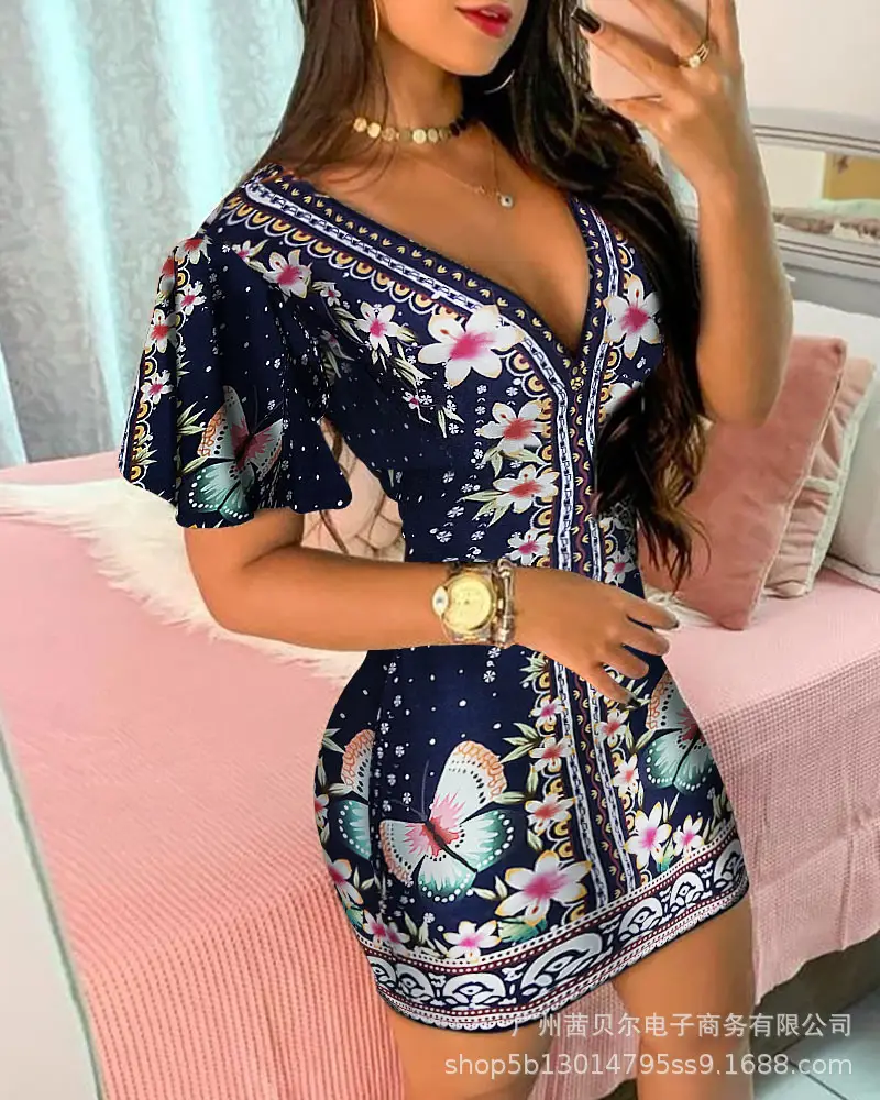 Black Printed Deep V Sheath Dress for Women — feature 15