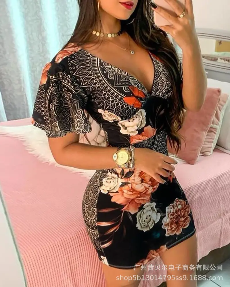 Black Printed Deep V Sheath Dress for Women — feature 6