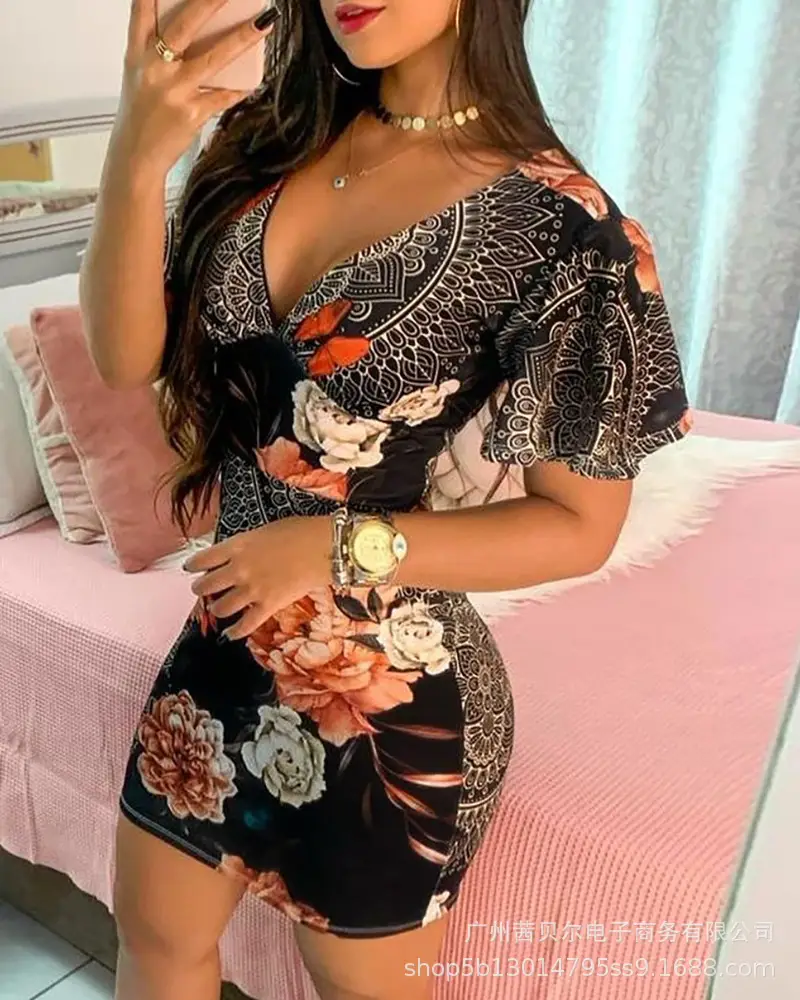 Black Printed Deep V Sheath Dress for Women — feature 7
