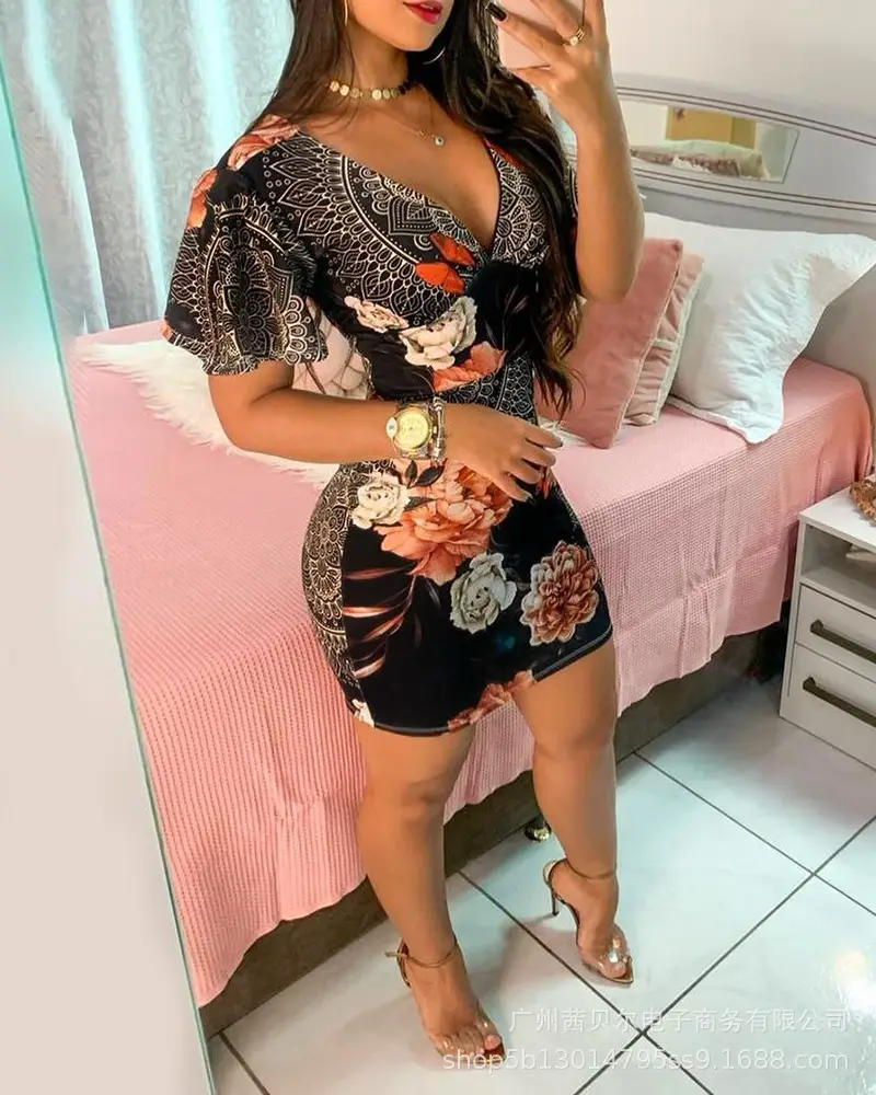 Black Printed Deep V Sheath Dress for Women — feature 8