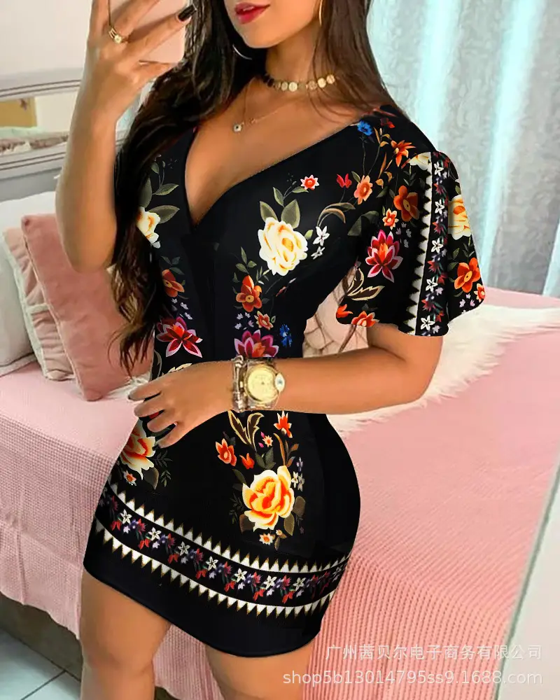 Black Printed Deep V Sheath Dress for Women — feature 9
