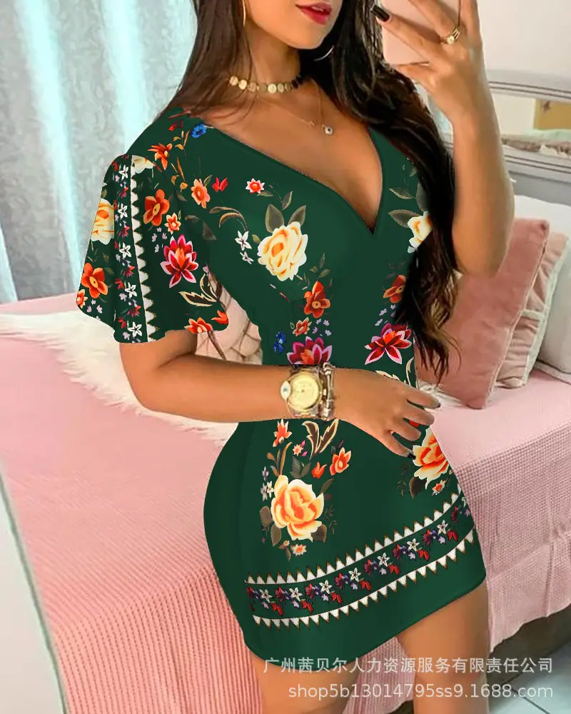 Black Printed Deep V Sheath Dress for Women