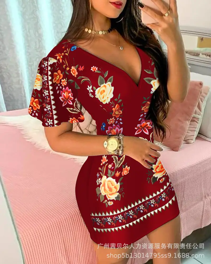 Black Printed Deep V Sheath Dress for Women