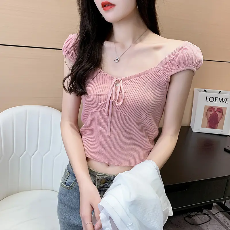 Pink Knitted One-Line Pullover Camisole with Shoulder Straps — feature 18