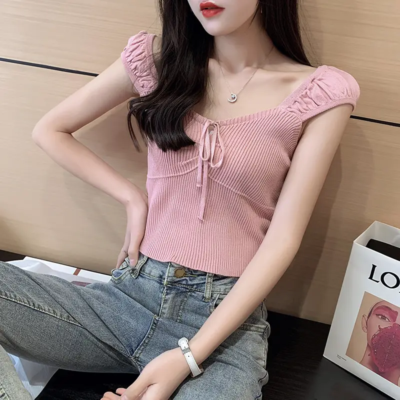 Pink Knitted One-Line Pullover Camisole with Shoulder Straps — feature 20