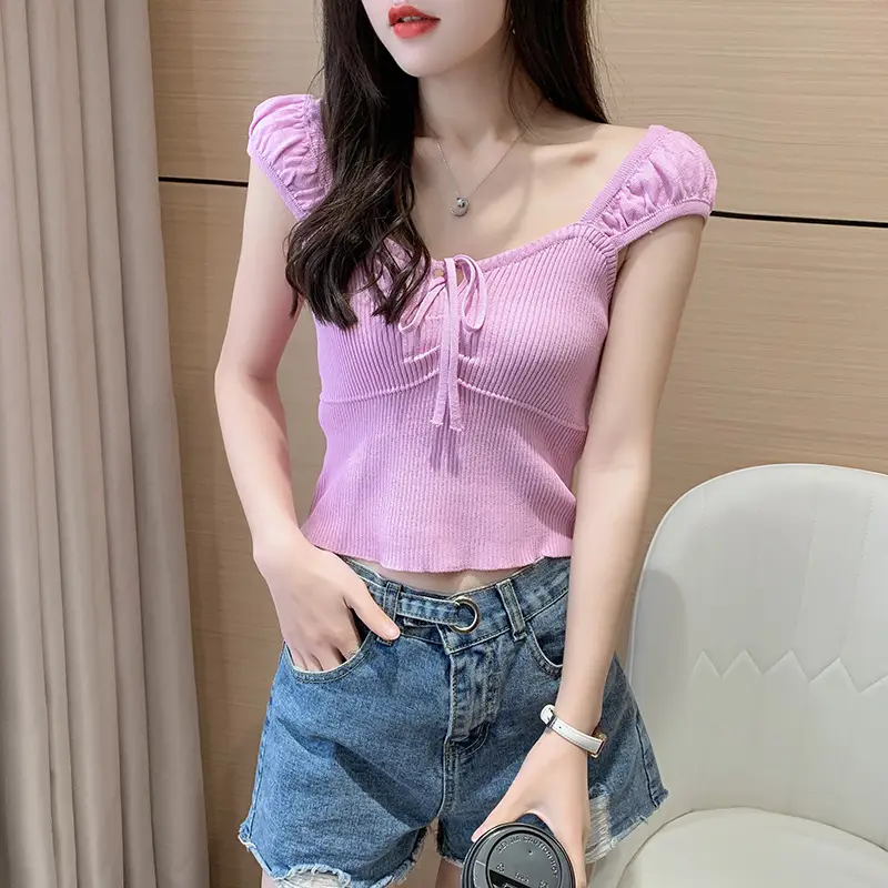Pink Knitted One-Line Pullover Camisole with Shoulder Straps — feature 32