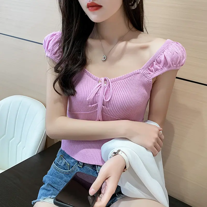 Pink Knitted One-Line Pullover Camisole with Shoulder Straps — feature 36