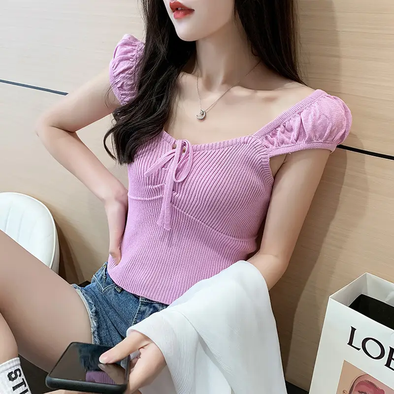 Pink Knitted One-Line Pullover Camisole with Shoulder Straps - Image 3