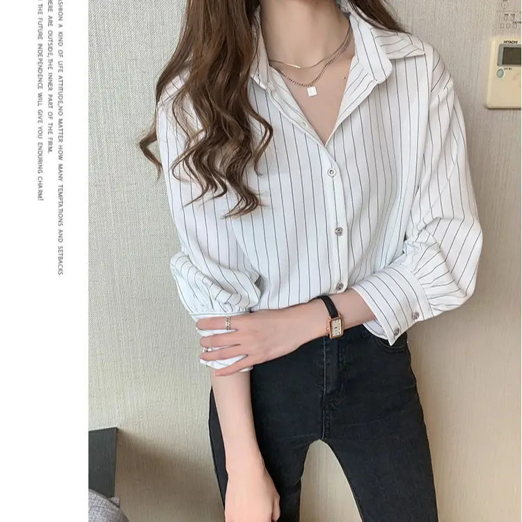 2025 Spring Women White Striped Layered Shirt Cotton - Image 4