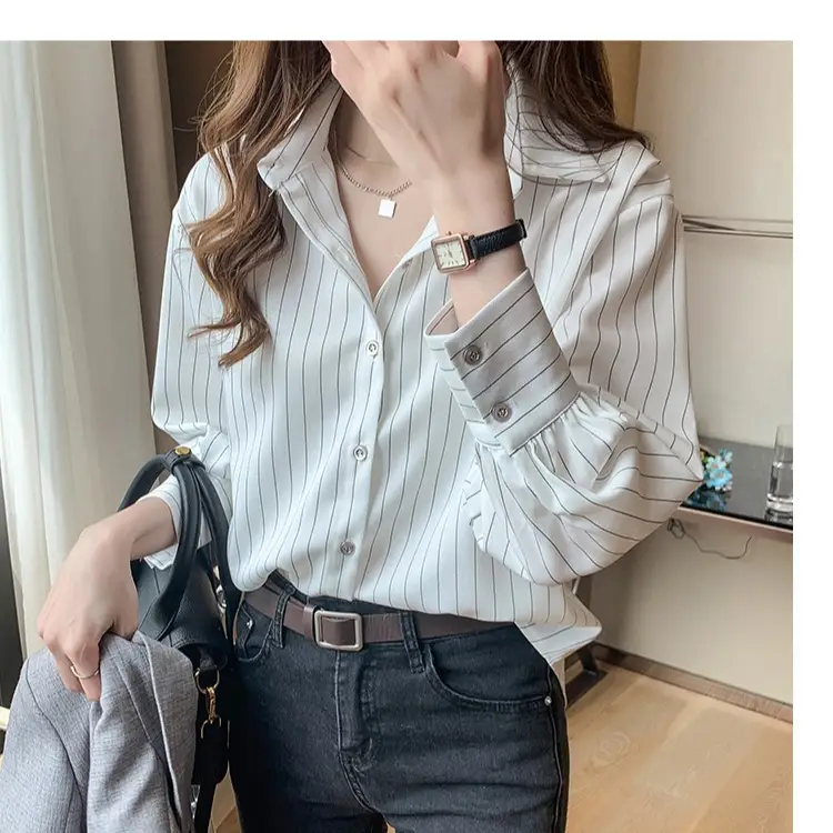 2025 Spring Women White Striped Layered Shirt Cotton - Image 5