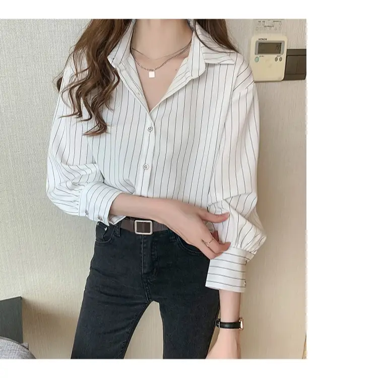 2025 Spring Women White Striped Layered Shirt Cotton - Image 6