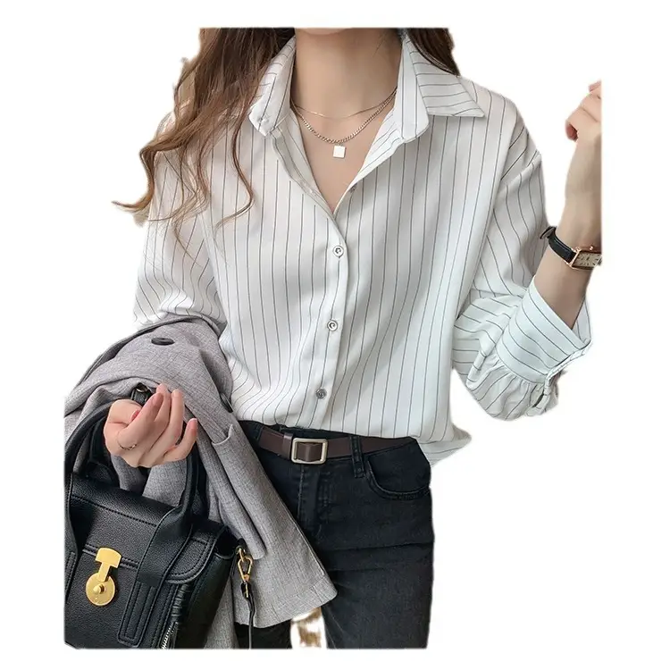 2025 Spring Women White Striped Layered Shirt Cotton - Image 7