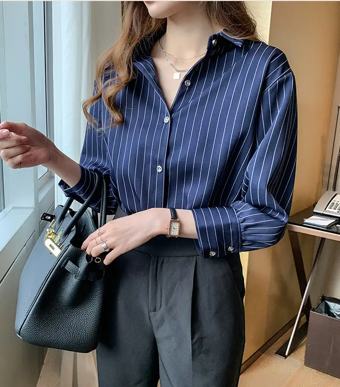 2025 Spring Women White Striped Layered Shirt Cotton - Image 2