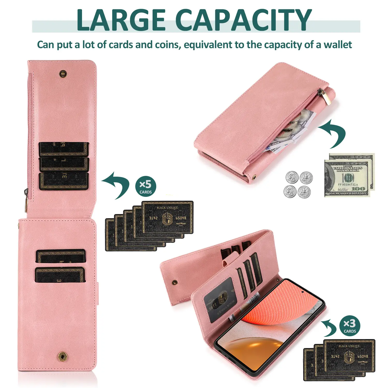 Red Leather Multi-Function Phone Case with Zipper & Card Slots