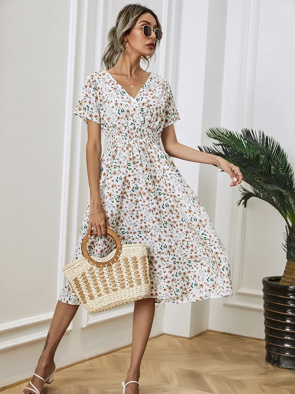 2024 Floral Printed Short Sleeve Dress for Women