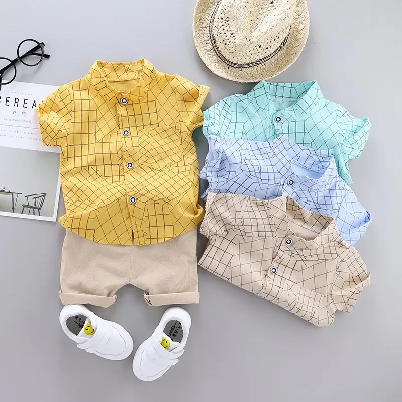 Korean Boys' Blue Grid Shirt Short Sleeve Pants Set - Image 5