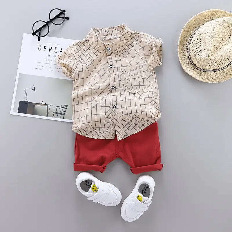 Korean Boys' Blue Grid Shirt Short Sleeve Pants Set - Image 4